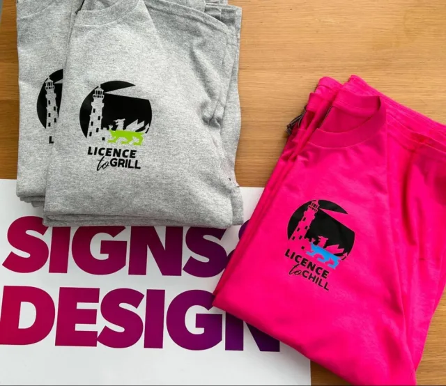 Custom printed T-shirts for Licence to Grill and Licence to Chill with bold graphic logos, produced by Signs & Design