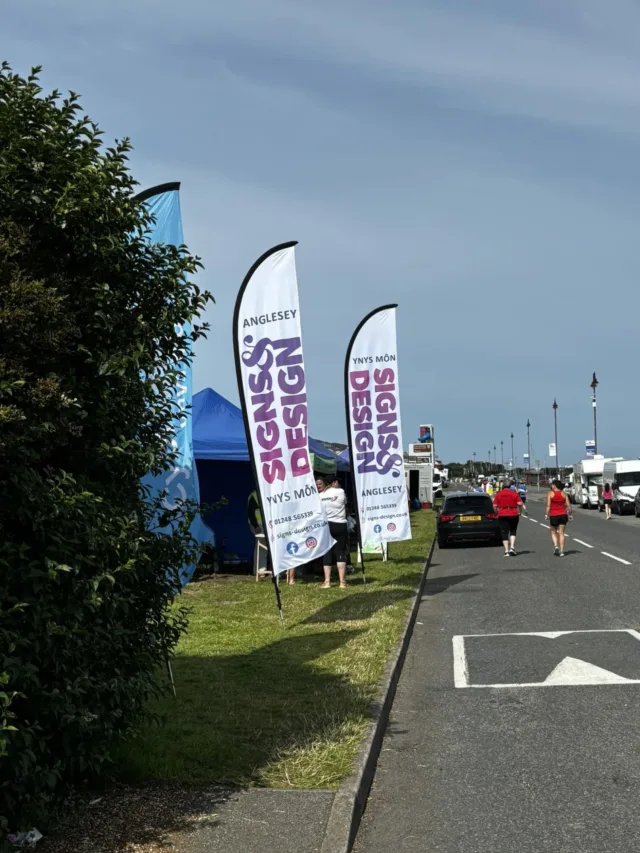 Branded feather flags for Signs & Design displayed on roadside grass at an outdoor event